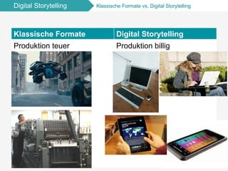 Digital Storytelling Klassische Formate vs. Digital Storytelling
Klassische Formate Digital Storytelling
Produktion teuer Produktion billig
 