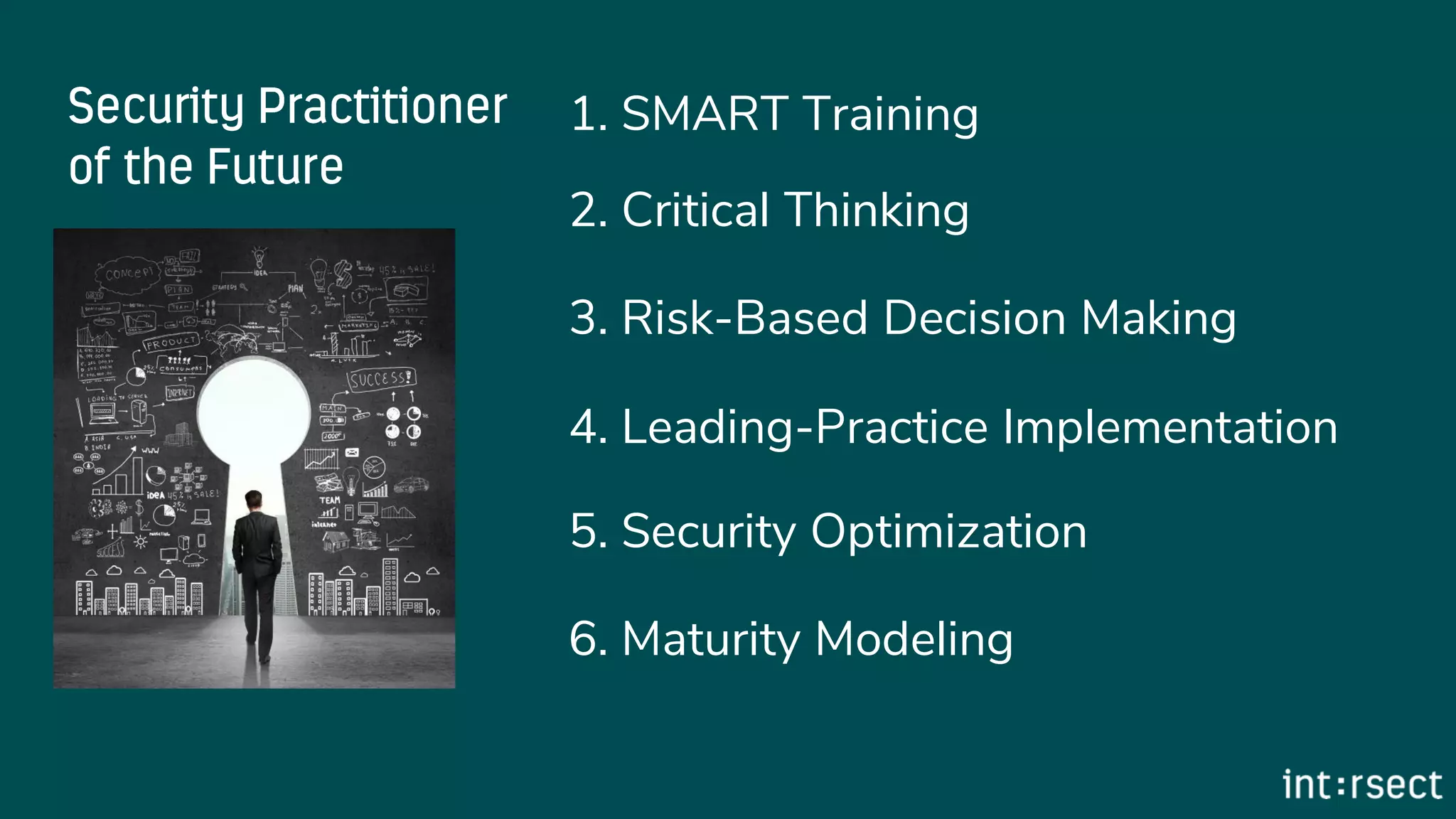 2. Critical Thinking
3. Risk-Based Decision Making
4. Leading-Practice Implementation
5. Security Optimization
6. Maturity Modeling
1. SMART Training
 