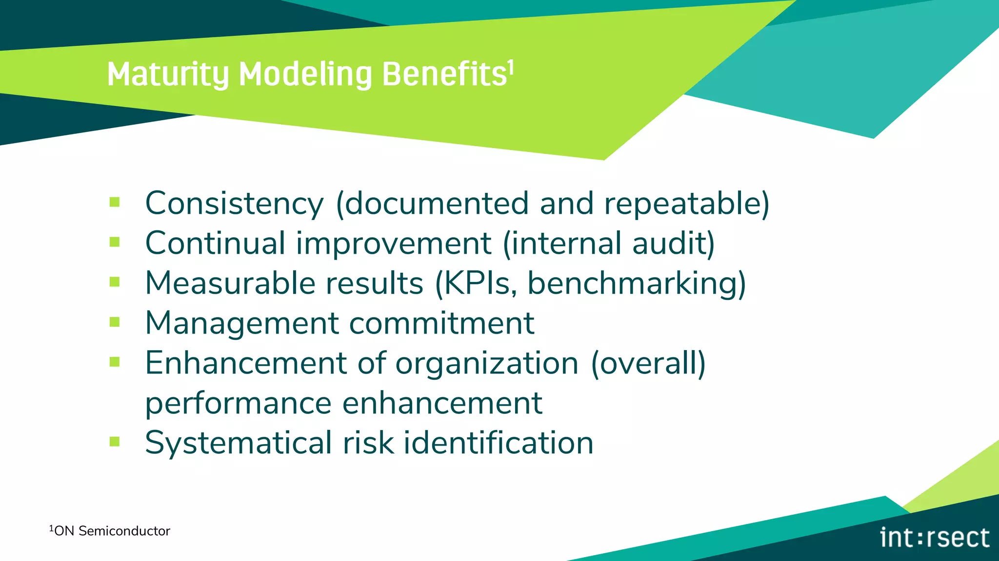 ▪ Consistency (documented and repeatable)
▪ Continual improvement (internal audit)
▪ Measurable results (KPIs, benchmarking)
▪ Management commitment
▪ Enhancement of organization (overall)
performance enhancement
▪ Systematical risk identification
1ON Semiconductor
 