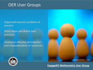 OER User Groups
Together by JD Hancock CC BY
Organized around a problem of
practice
Share ideas and define best
practices
Champion effective distribution
and implementation of resources
EngageNY Mathematics User Group
 