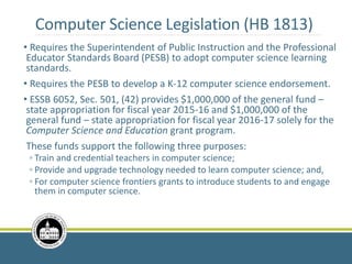 Computer Science Legislation (HB 1813)
• Requires the Superintendent of Public Instruction and the Professional
Educator Standards Board (PESB) to adopt computer science learning
standards.
• Requires the PESB to develop a K-12 computer science endorsement.
• ESSB 6052, Sec. 501, (42) provides $1,000,000 of the general fund –
state appropriation for fiscal year 2015-16 and $1,000,000 of the
general fund – state appropriation for fiscal year 2016-17 solely for the
Computer Science and Education grant program.
These funds support the following three purposes:
◦ Train and credential teachers in computer science;
◦ Provide and upgrade technology needed to learn computer science; and,
◦ For computer science frontiers grants to introduce students to and engage
them in computer science.
 