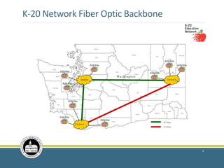 K-20 Network Fiber Optic Backbone
8
Spokane
Portland
K20 Site
K20 Site
K20 Site
K20 Site
K20 Site
K20 Site
K20 Site
K20 Site
K20 Site
40 Gbps
10 Gbps
 