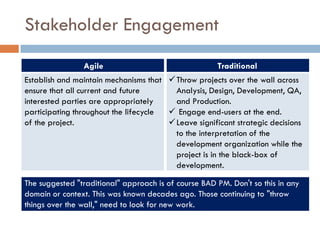 Stakeholder Engagement
                Agile                                 Traditional
Establish and maintain mechanisms that  Throw projects over the wall across
ensure that all current and future       Analysis, Design, Development, QA,
interested parties are appropriately     and Production.
participating throughout the lifecycle  Engage end-users at the end.
of the project.                         Leave significant strategic decisions
                                         to the interpretation of the
                                         development organization while the
                                         project is in the black-box of
                                         development.

The suggested "traditional" approach is of course BAD PM. Don't so this in any
domain or context. This was known decades ago. Those continuing to "throw
things over the wall," need to look for new work.
 