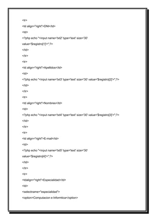 <tr>

<td align="right">DNI</td>

<td>

<?php echo "<input name='txt2' type='text' size='30'

value='$registro[1]'>";?>

</td>

</tr>

<tr>

<td align="right">Apellidos</td>

<td>

<?php echo "<input name='txt3' type='text' size='30' value='$registro[2]'>";?>

</td>

</tr>

<tr>

<td align="right">Nombres</td>

<td>

<?php echo "<input name='txt4' type='text' size='30' value='$registro[3]'>";?>

</td>

</tr>

<tr>

<td align="right">E-mail</td>

<td>

<?php echo "<input name='txt5' type='text' size='30'

value='$registro[4]'>";?>

</td>

</tr>

<tr>

<tdalign="right">Especialidad</td>

<td>

<selectname="especialidad">

<option>Computacion e Informtica</option>
 