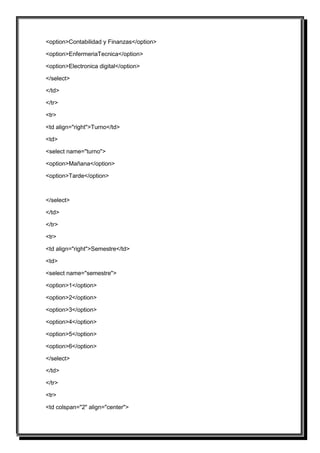 <option>Contabilidad y Finanzas</option>

<option>EnfermeriaTecnica</option>

<option>Electronica digital</option>

</select>

</td>

</tr>

<tr>

<td align="right">Turno</td>

<td>

<select name="turno">

<option>Mañana</option>

<option>Tarde</option>



</select>

</td>

</tr>

<tr>

<td align="right">Semestre</td>

<td>

<select name="semestre">

<option>1</option>

<option>2</option>

<option>3</option>

<option>4</option>

<option>5</option>

<option>6</option>

</select>

</td>

</tr>

<tr>

<td colspan="2" align="center">
 