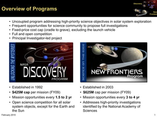 Discovery


Overview of Programs                                                                                      New
                                                                                                      Frontiers



      •   Uncoupled program addressing high-priority science objectives in solar system exploration
      •   Frequent opportunities for science community to propose full investigations
      •   Fixed-price cost cap (cradle to grave), excluding the launch vehicle
      •   Full and open competition
      •   Principal Investigator-led project




      •   Established in 1992                        •   Established in 2003
      •   $425M cap per mission (FY09)               •   $625M cap per mission (FY09)
      •   Mission opportunities every 1.5 to 2 yr    •   Mission opportunities every 3 to 4 yr
      •   Open science competition for all solar     •   Addresses high-priority investigations
          system objects, except for the Earth and       identified by the National Academy of
          the Sun                                        Sciences
February 2010                                                                                              1
 