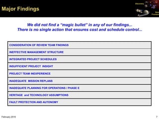 Discovery


Major Findings                                                                                 New
                                                                                           Frontiers




                     We did not find a “magic bullet” in any of our findings...
                There is no single action that ensures cost and schedule control...


       CONSIDERATION OF REVIEW TEAM FINDINGS

       INEFFECTIVE MANAGEMENT STRUCTURE

       INTEGRATED PROJECT SCHEDULES

       INSUFFICIENT PROJECT INSIGHT

       PROJECT TEAM INEXPERIENCE

       INADEQUATE MISSION REPLANS

       INADEQUATE PLANNING FOR OPERATIONS / PHASE E

       HERITAGE and TECHNOLOGY ASSUMPTIONS

       FAULT PROTECTION AND AUTONOMY




February 2010                                                                                   7
 