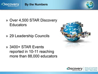 By the Numbers




» Over 4,500 STAR Discovery
  Educators

» 29 Leadership Councils

» 3400+ STAR Events
  reported in 10-11 reaching
  more than 88,000 educators
 