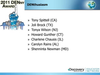 DENthusiasm




»   Tony Spittell (CA)
»   Joli Brock (TX)
»   Tonya Wilson (NJ)
»   Howard Gunther (CT)
»   Charlene Chausis (IL)
»   Carolyn Rains (AL)
»   Shenninta Newman (MD)
 