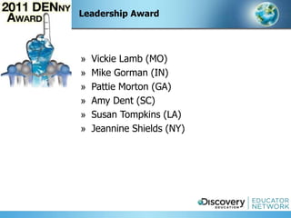 Leadership Award




»   Vickie Lamb (MO)
»   Mike Gorman (IN)
»   Pattie Morton (GA)
»   Amy Dent (SC)
»   Susan Tompkins (LA)
»   Jeannine Shields (NY)
 