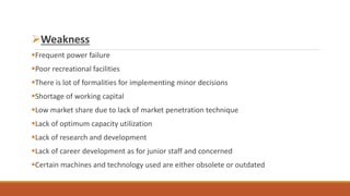 Weakness
Frequent power failure
Poor recreational facilities
There is lot of formalities for implementing minor decisions
Shortage of working capital
Low market share due to lack of market penetration technique
Lack of optimum capacity utilization
Lack of research and development
Lack of career development as for junior staff and concerned
Certain machines and technology used are either obsolete or outdated
 