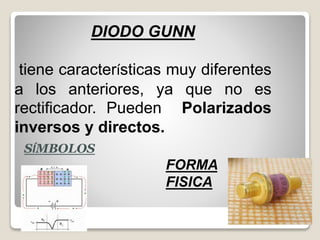 DIODO GUNN
tiene características muy diferentes
a los anteriores, ya que no es
rectificador. Pueden Polarizados
inversos y directos.
SÍMBOLOS
FORMA
FISICA
 