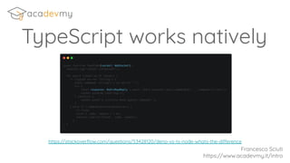 TypeScript works natively
https://stackoverﬂow.com/questions/53428120/deno-vs-ts-node-whats-the-difference
Francesco Sciuti
https://www.acadevmy.it/intro
 