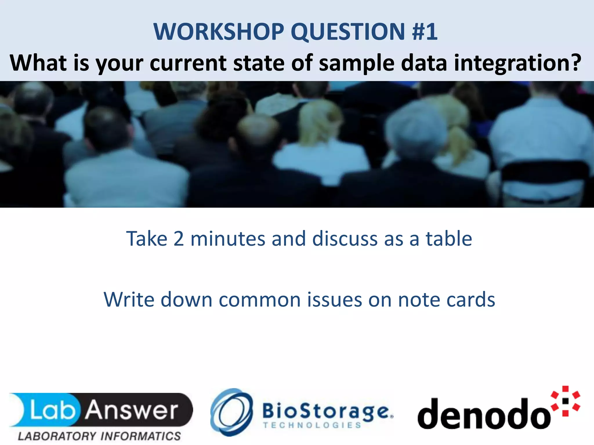 Take 2 minutes and discuss as a table
Write down common issues on note cards
WORKSHOP QUESTION #1
What is your current state of sample data integration?
 