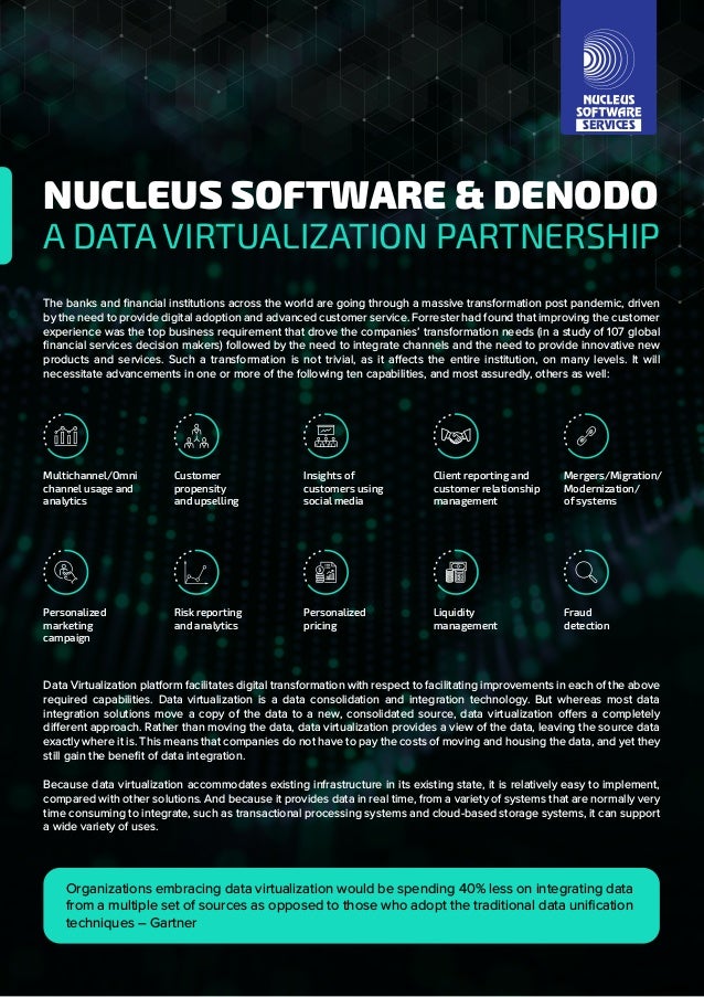 NUCLEUS SOFTWARE & DENODO
A DATA VIRTUALIZATION PARTNERSHIP
The banks and financial institutions across the world are going through a massive transformation post pandemic, driven
by the need to provide digital adoption and advanced customer service. Forrester had found that improving the customer
experience was the top business requirement that drove the companies’ transformation needs (in a study of 107 global
financial services decision makers) followed by the need to integrate channels and the need to provide innovative new
products and services. Such a transformation is not trivial, as it affects the entire institution, on many levels. It will
necessitate advancements in one or more of the following ten capabilities, and most assuredly, others as well:
Data Virtualization platform facilitates digital transformation with respect to facilitating improvements in each of the above
required capabilities. Data virtualization is a data consolidation and integration technology. But whereas most data
integration solutions move a copy of the data to a new, consolidated source, data virtualization offers a completely
different approach. Rather than moving the data, data virtualization provides a view of the data, leaving the source data
exactly where it is. This means that companies do not have to pay the costs of moving and housing the data, and yet they
still gain the benefit of data integration.
Because data virtualization accommodates existing infrastructure in its existing state, it is relatively easy to implement,
compared with other solutions. And because it provides data in real time, from a variety of systems that are normally very
time consuming to integrate, such as transactional processing systems and cloud-based storage systems, it can support
a wide variety of uses.
Organizations embracing data virtualization would be spending 40% less on integrating data
from a multiple set of sources as opposed to those who adopt the traditional data unification
techniques – Gartner
Multichannel/Omni
channel usage and
analytics
Customer
propensity
and upselling
Insights of
customers using
social media
Personalized
marketing
campaign
Personalized
pricing
Fraud
detection
Liquidity
management
Risk reporting
and analytics
Client reporting and
customer relationship
management
Mergers/Migration/
Modernization/
of systems
SERVICES
 