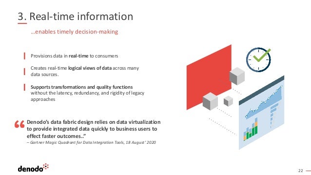 22
3. Real-time information
Provisions data in real-time to consumers
Creates real-time logical views of data across many
data sources.
Supports transformations and quality functions
without the latency, redundancy, and rigidity of legacy
approaches
…enables timely decision-making
Denodo’s data fabric design relies on data virtualization
to provide integrated data quickly to business users to
effect faster outcomes..”
– Gartner Magic Quadrant for Data Integration Tools, 18 August’ 2020
 