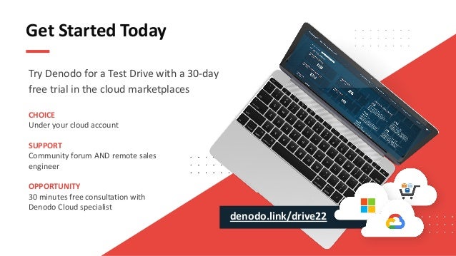 45
Get Started Today
Try Denodo for a Test Drive with a 30-day
free trial in the cloud marketplaces
CHOICE
Under your cloud account
SUPPORT
Community forum AND remote sales
engineer
OPPORTUNITY
30 minutes free consultation with
Denodo Cloud specialist
denodo.link/drive22
 