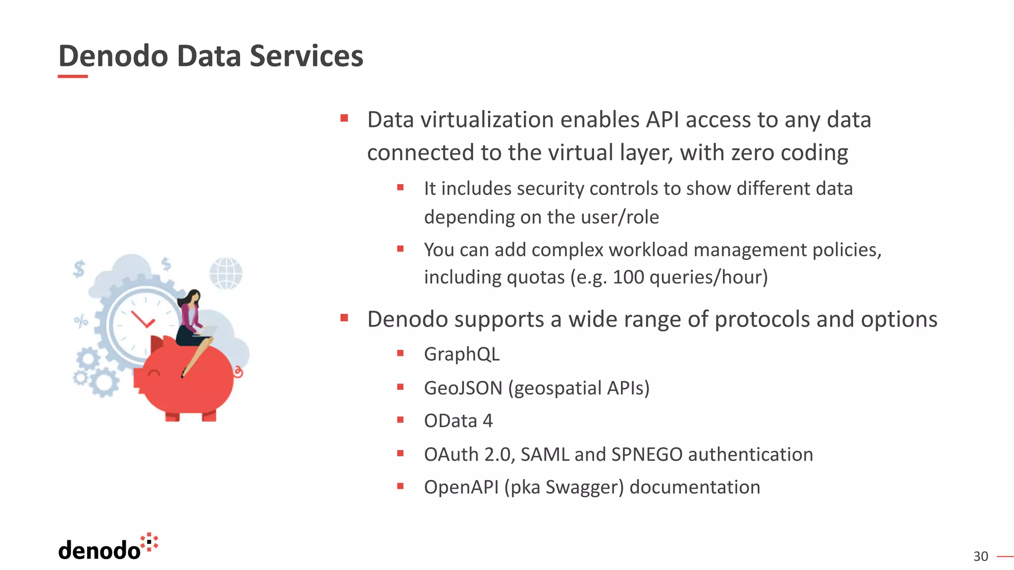 30
Denodo Data Services
§ Data virtualization enables API access to any data
connected to the virtual layer, with zero coding
§ It includes security controls to show different data
depending on the user/role
§ You can add complex workload management policies,
including quotas (e.g. 100 queries/hour)
§ Denodo supports a wide range of protocols and options
§ GraphQL
§ GeoJSON (geospatial APIs)
§ OData 4
§ OAuth 2.0, SAML and SPNEGO authentication
§ OpenAPI (pka Swagger) documentation
 