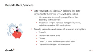 30
Denodo Data Services
§ Data virtualization enables API access to any data
connected to the virtual layer, with zero coding
§ It includes security controls to show different data
depending on the user/role
§ You can add complex workload management policies,
including quotas (e.g. 100 queries/hour)
§ Denodo supports a wide range of protocols and options
§ GraphQL
§ GeoJSON (geospatial APIs)
§ OData 4
§ OAuth 2.0, SAML and SPNEGO authentication
§ OpenAPI (pka Swagger) documentation
 