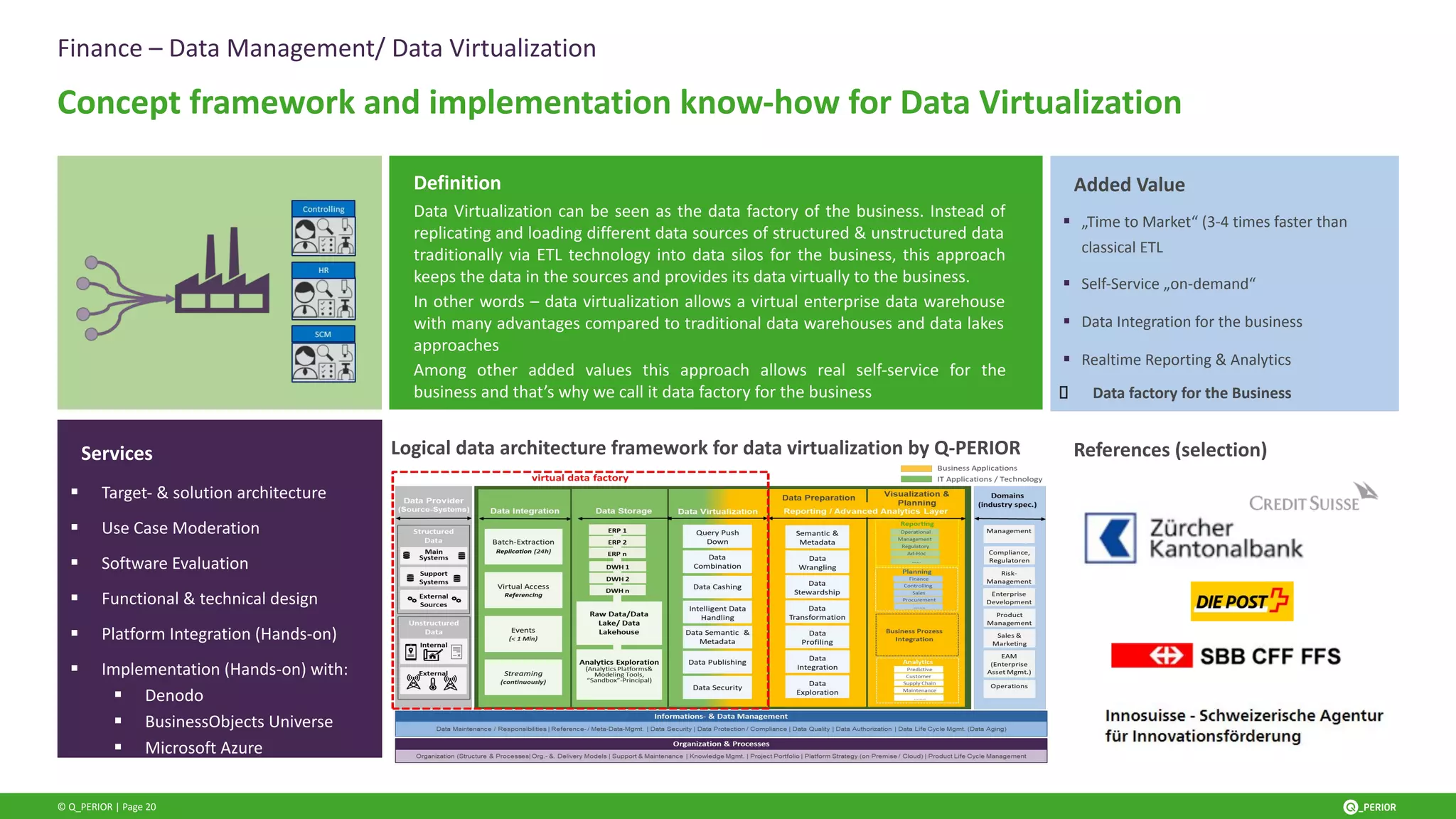 © Q_PERIOR | Page 20
References (selection)
Added Value
Definition
Services
Data Virtualization can be seen as the data factory of the business. Instead of
replicating and loading different data sources of structured & unstructured data
traditionally via ETL technology into data silos for the business, this approach
keeps the data in the sources and provides its data virtually to the business.
In other words – data virtualization allows a virtual enterprise data warehouse
with many advantages compared to traditional data warehouses and data lakes
approaches
Among other added values this approach allows real self-service for the
business and that’s why we call it data factory for the business
▪ „Time to Market“ (3-4 times faster than
classical ETL
▪ Self-Service „on-demand“
▪ Data Integration for the business
▪ Realtime Reporting & Analytics
Data factory for the Business
▪ Target- & solution architecture
▪ Use Case Moderation
▪ Software Evaluation
▪ Functional & technical design
▪ Platform Integration (Hands-on)
▪ Implementation (Hands-on) with:
▪ Denodo
▪ BusinessObjects Universe
▪ Microsoft Azure
▪ SAP Cloud Data Warehouse
Finance – Data Management/ Data Virtualization
Concept framework and implementation know-how for Data Virtualization
Logical data architecture framework for data virtualization by Q-PERIOR
 