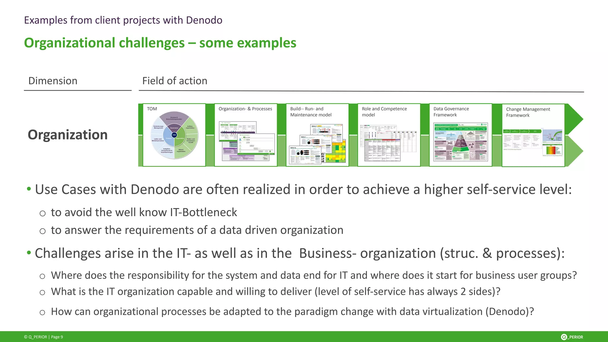 © Q_PERIOR | Page 9
Examples from client projects with Denodo
Organizational challenges – some examples
• Use Cases with Denodo are often realized in order to achieve a higher self-service level:
o to avoid the well know IT-Bottleneck
o to answer the requirements of a data driven organization
• Challenges arise in the IT- as well as in the Business- organization (struc. & processes):
o Where does the responsibility for the system and data end for IT and where does it start for business user groups?
o What is the IT organization capable and willing to deliver (level of self-service has always 2 sides)?
o How can organizational processes be adapted to the paradigm change with data virtualization (Denodo)?
Dimension Field of action
Organization
Data Governance
Framework
TOM Build-- Run- and
Maintenance model
Change Management
Framework
Role and Competence
model
Organization- & Processes
 