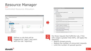 28
Resource Manager
Controlled Resource Allocation
1 Defines a rule that will be
triggered for “app1” and users
with the role “reporting”
2 For those request that fulfill the rule, if the
CPU usage is greater than 85%, will apply the
following:
• Reduce thread priority
• Reduce the number of concurrent requests
• Limit the number of queued queries
 