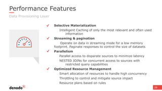 29
Performance Features
Data Provisioning Layer
Selective Materialization
Intelligent Caching of only the most relevant and often used
information
Streaming & pagination
Operate on data in streaming mode for a low memory
footprint. Paginate responses to control the size of datasets
Parallelism
Parallel access to disparate sources to minimize latency
NESTED JOINs for concurrent access to sources with
restricted query capabilities
Optimized Resource Management
Smart allocation of resources to handle high concurrency
Throttling to control and mitigate source impact
Resource plans based on rules
 