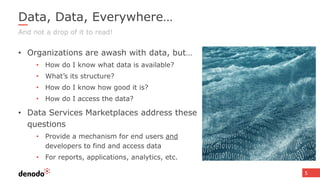 Data, Data, Everywhere…
• Organizations are awash with data, but…
• How do I know what data is available?
• What’s its structure?
• How do I know how good it is?
• How do I access the data?
• Data Services Marketplaces address these
questions
• Provide a mechanism for end users and
developers to find and access data
• For reports, applications, analytics, etc.
And not a drop of it to read!
5
 