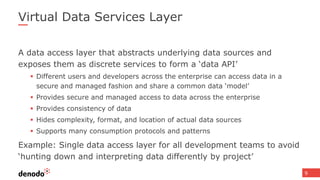 Virtual Data Services Layer
A data access layer that abstracts underlying data sources and
exposes them as discrete services to form a ‘data API’
 Different users and developers across the enterprise can access data in a
secure and managed fashion and share a common data ‘model’
 Provides secure and managed access to data across the enterprise
 Provides consistency of data
 Hides complexity, format, and location of actual data sources
 Supports many consumption protocols and patterns
Example: Single data access layer for all development teams to avoid
‘hunting down and interpreting data differently by project’
9
 