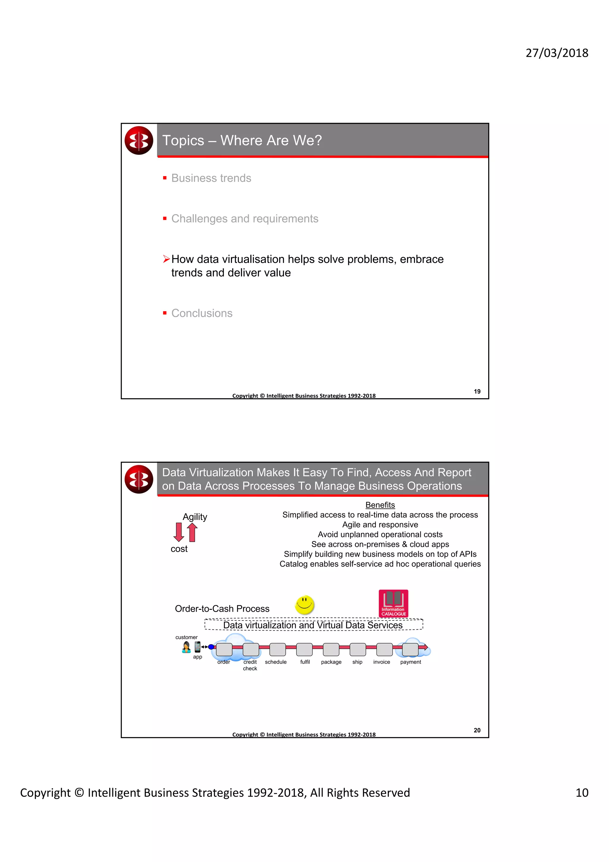 27/03/2018
Copyright © Intelligent Business Strategies 1992-2018, All Rights Reserved 10
19
Copyright	©	Intelligent	Business	Strategies	1992-2018	
	
Topics – Where Are We?
§ Business trends
§ Challenges and requirements
ØHow data virtualisation helps solve problems, embrace
trends and deliver value
§ Conclusions
20
Copyright	©	Intelligent	Business	Strategies	1992-2018	
	
Data Virtualization Makes It Easy To Find, Access And Report
on Data Across Processes To Manage Business Operations
Order-to-Cash Process
Data virtualization and Virtual Data Services
Benefits
Simplified access to real-time data across the process
Agile and responsive
Avoid unplanned operational costs
See across on-premises & cloud apps
Simplify building new business models on top of APIs
Catalog enables self-service ad hoc operational queries
cost
Agility
order credit
check
fulfil ship invoice paymentpackageschedule
customer
app
Information
 
