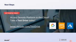 22
Next Steps
Access Denodo Platform in the Cloud!
Take a Test Drive today!
www.denodo.com/TestDrive
GET STARTED TODAY
 
