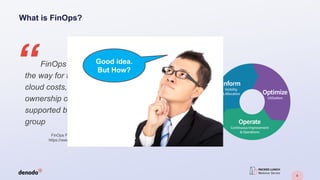 5
FinOps is a cultural practice. It’s
the way for teams to manage their
cloud costs, where everyone takes
ownership of their cloud usage
supported by a central best-practices
group
What is FinOps?
FinOps Foundation Technical Advisory Council
https://www.finops.org/introduction/what-is-finops/
“ Good idea.
But How?
 