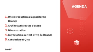 AGENDA
1. Une introduction à la plateforme
Denodo
2. Architectures et cas d’usage
3. Démonstration
4. Introduction au Test Drive de Denodo
5. Conclusion et Q+A
 