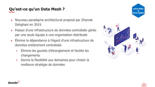 22
Qu’est-ce qu’un Data Mesh ?
● Nouveau paradigme architectural proposé par Zhamak
Dehghani en 2019
● Passez d’une infrastructure de données centralisée gérée
par une seule équipe à une organisation distribuée
● Élimine la dépendance à l’égard d’une infrastructure de
données entièrement centralisée
▪ Élimine les goulots d’étranglement et facilite les
changements
▪ Donne la flexibilité aux domaines pour choisir la
meilleure stratégie de données
DATA MESH
&
DATA FABRIC
 