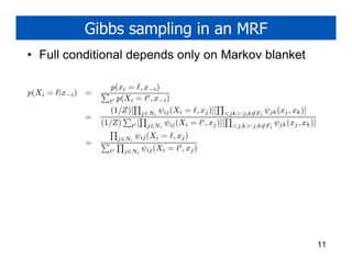 Gibbs sampling in an MRF
• Full conditional depends only on Markov blanket

                       p(xi = ℓ, x−i )
p(Xi = ℓ|x−i )   =                ′
                       ℓ′ p(Xi = ℓ , x−i )
                       (1/Z)[ j∈Ni ψij (Xi = ℓ, xj )][            <jk>:j,k∈Fi   ψjk (xj , xk )]
                 =
                     (1/Z)     ℓ′ [    j∈Ni   ψij (Xi = ℓ′ , xj )][   <j,k>:j,k∈Fi   ψjk (xj , xk )]
                            j∈Ni   ψij (Xi = ℓ, xj )
                 =
                       ℓ′    j∈Ni     ψij (Xi = ℓ′ , xj )




                                                                                                       11
 