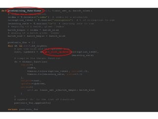def pretraining_functions(self, train_set_x, batch_size):
# index to a [mini]batch
index = T.lscalar('index') # index to a minibatch
corruption_level = T.scalar('corruption') # % of corruption to use
learning_rate = T.scalar('lr') # learning rate to use
# begining of a batch, given `index`
batch_begin = index * batch_size
# ending of a batch given `index`
batch_end = batch_begin + batch_size
pretrain_fns = []
for dA in self.dA_layers:
# get the cost and the updates list
cost, updates = dA.get_cost_updates(corruption_level,
learning_rate)
# compile the theano function
fn = theano.function(
inputs=[
index,
theano.In(corruption_level, value=0.2),
theano.In(learning_rate, value=0.1)
],
outputs=cost,
updates=updates,
givens={
self.x: train_set_x[batch_begin: batch_end]
}
)
# append `fn` to the list of functions
pretrain_fns.append(fn)
return pretrain_fns
 