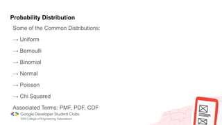 Probability Distribution
Some of the Common Distributions:
→ Uniform
→ Bernoulli
→ Binomial
→ Normal
→ Poisson
→ Chi Squared
Associated Terms: PMF, PDF, CDF
 