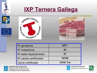IXP Ternera Gallega




Nº gandeiros               6571
Nº matadoiros               44
Nº salas depezamento        27
Nº canais certificados    70750
Carne certificada        15161 Tm
 