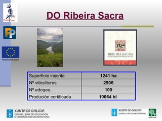 DO Ribeira Sacra




Superficie inscrita     1241 ha
Nº viticultores           2906
Nº adegas                 100
Produción certificada   19064 hl
 