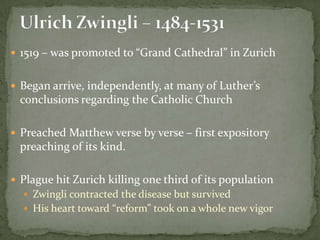  Called by Philip of Hesse to unify Reformation
 between Luther and Zwingli
 Luther and Zwingli agreed on 14 of 15 artic...