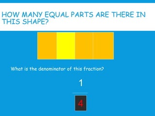 HOW MANY EQUAL PARTS ARE THERE IN
THIS SHAPE?
What is the denominator of this fraction?
1
4
 
