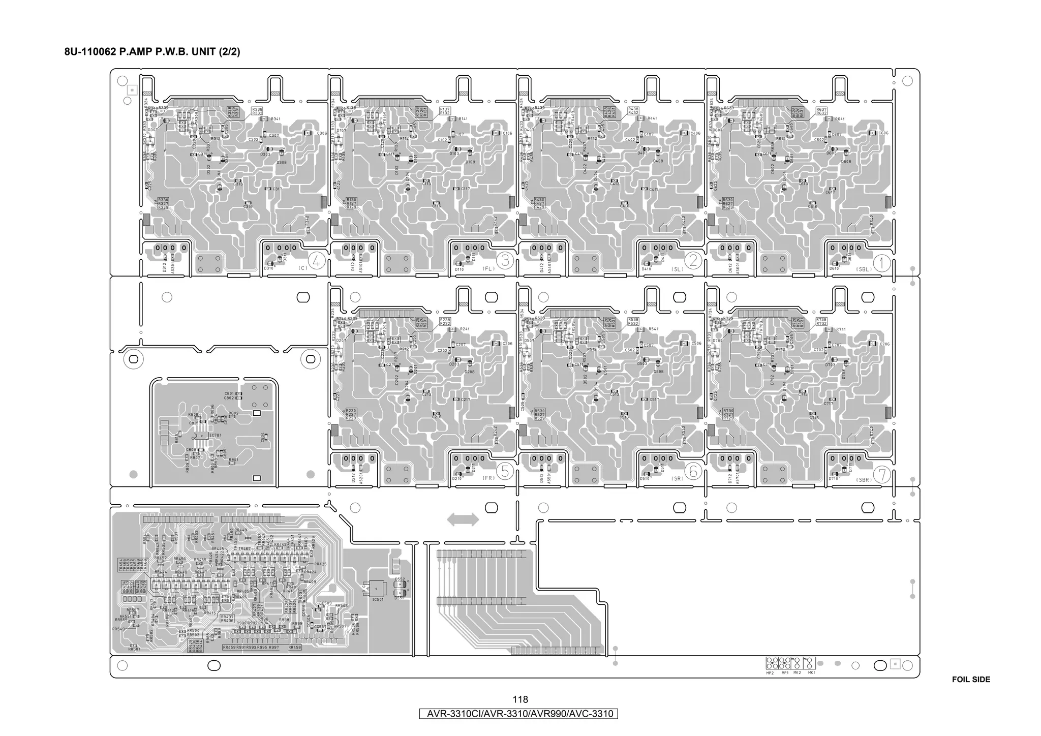 8U-110062 P.AMP P.W.B. UNIT (2/2)




                                                                          FOIL SIDE

                                                    118
                                    AVR-3310CI/AVR-3310/AVR990/AVC-3310
 