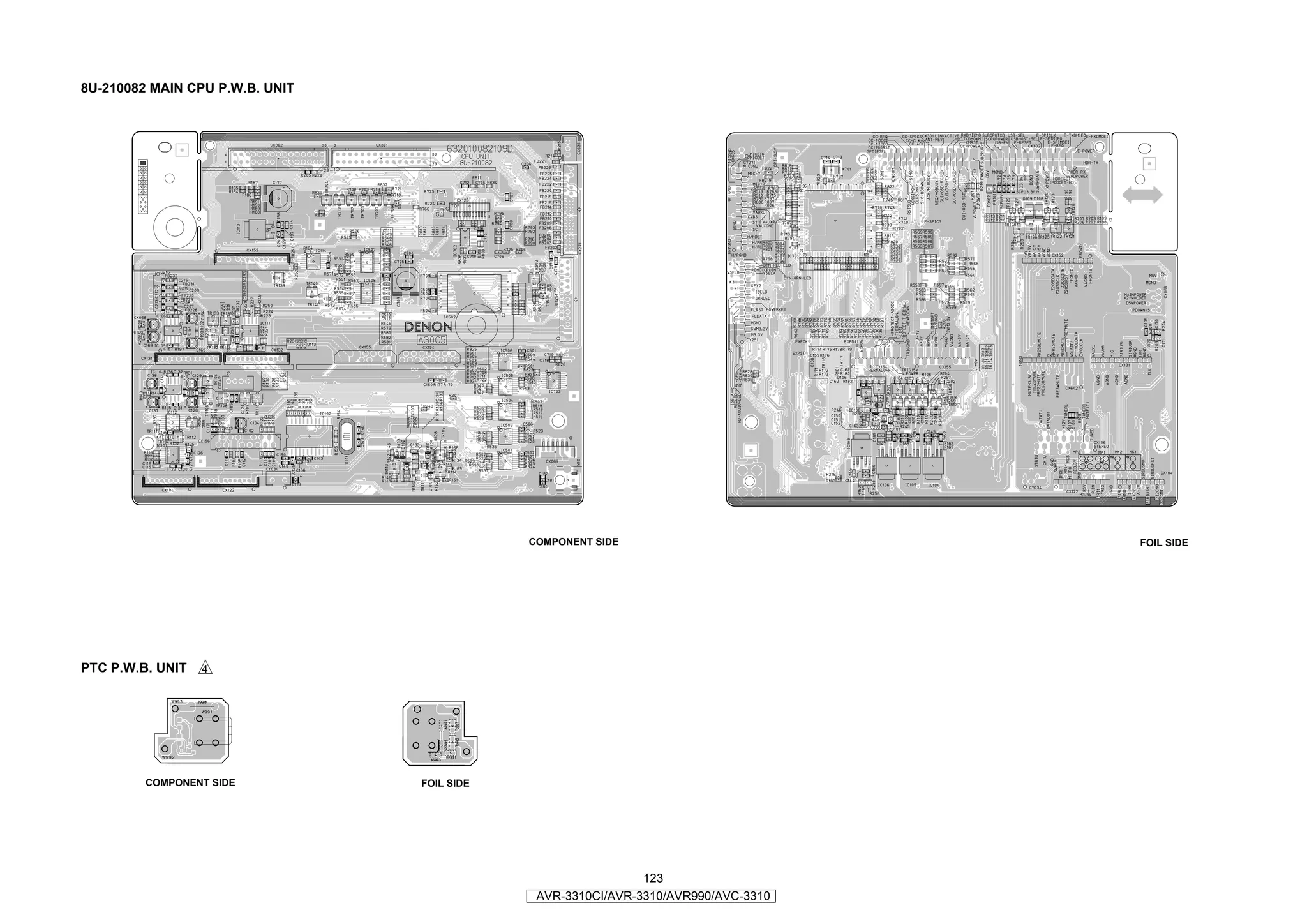 8U-210082 MAIN CPU P.W.B. UNIT




                                             COMPONENT SIDE                         FOIL SIDE




PTC P.W.B. UNIT f




         COMPONENT SIDE          FOIL SIDE




                                                              123
                                              AVR-3310CI/AVR-3310/AVR990/AVC-3310
 