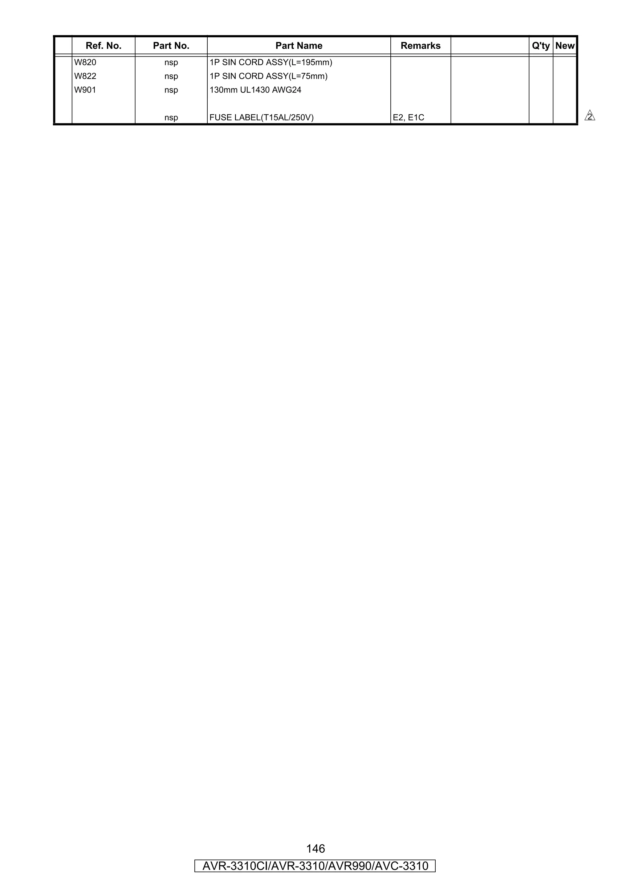 Ref. No.   Part No.                 Part Name       Remarks   Q'ty New
W820           nsp       1P SIN CORD ASSY(L=195mm)
W822           nsp       1P SIN CORD ASSY(L=75mm)
W901           nsp       130mm UL1430 AWG24


               nsp       FUSE LABEL(T15AL/250V)      E2, E1C               s




                                        146
                        AVR-3310CI/AVR-3310/AVR990/AVC-3310
 
