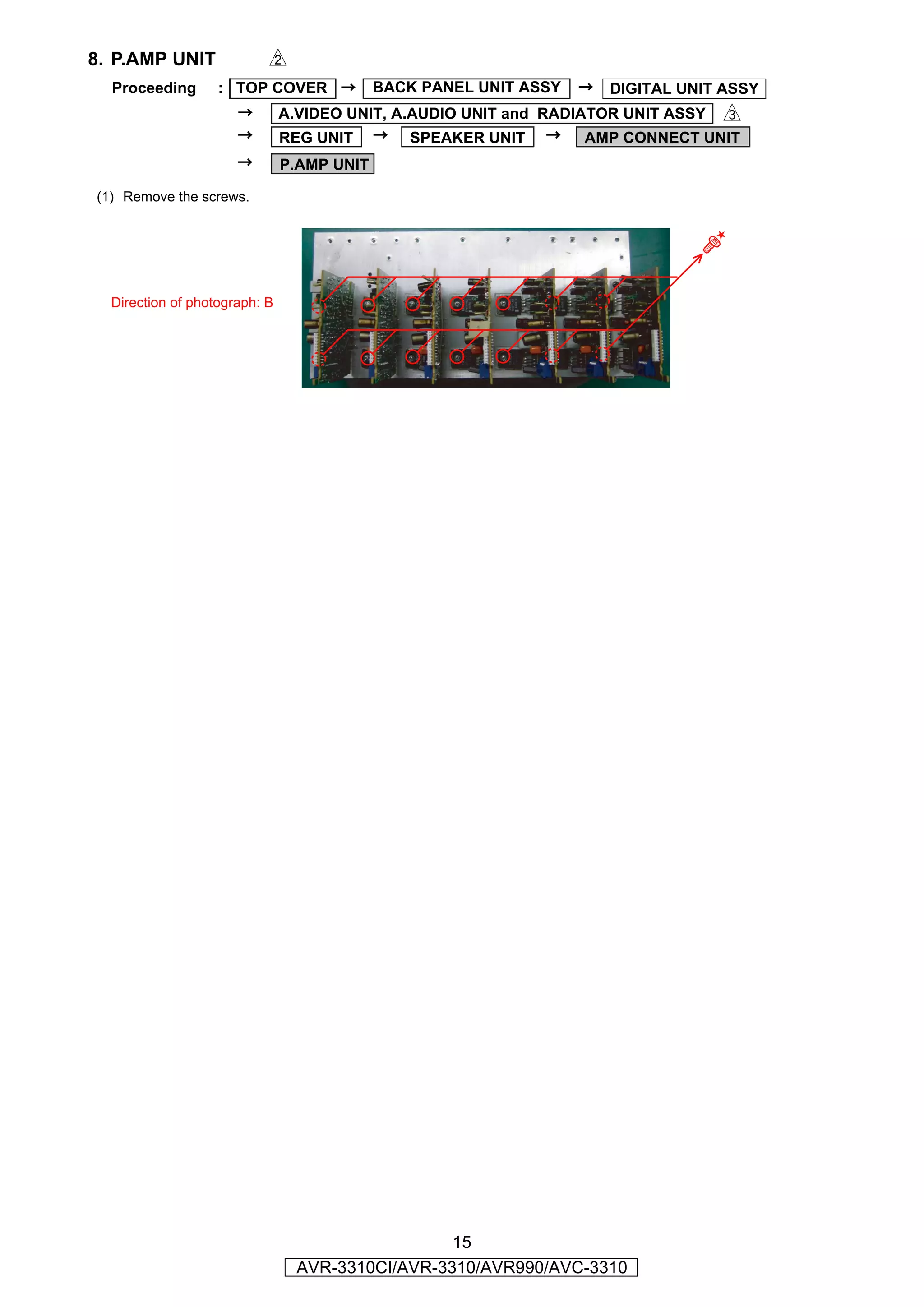 8. P.AMP UNIT              s
  Proceeding       : TOP COVER →            BACK PANEL UNIT ASSY   →   DIGITAL UNIT ASSY
                      →        A.VIDEO UNIT, A.AUDIO UNIT and RADIATOR UNIT ASSY d
                      →        REG UNIT → SPEAKER UNIT →                       →
                                                                   AMP CONNECT UNIT
                      →        P.AMP UNIT

(1) Remove the screws.




  Direction of photograph: B




                                                  15
                                 AVR-3310CI/AVR-3310/AVR990/AVC-3310
 