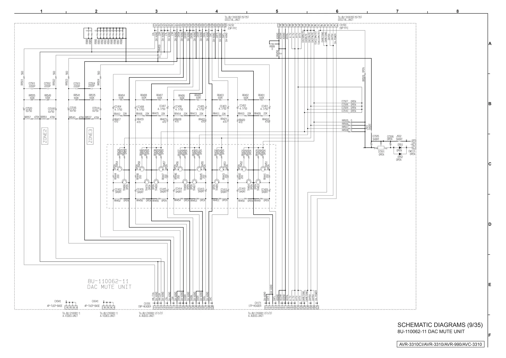 1   2   3   4   5   6   7                           8




                                                                   A




                                                                   B




                                                                   C




                                                                   D




                                                                   E




                        SCHEMATIC DIAGRAMS (9/35)
                        8U-110062-11 DAC MUTE UNIT
                                                                   F

                            AVR-3310CI/AVR-3310/AVR-990/AVC-3310
 