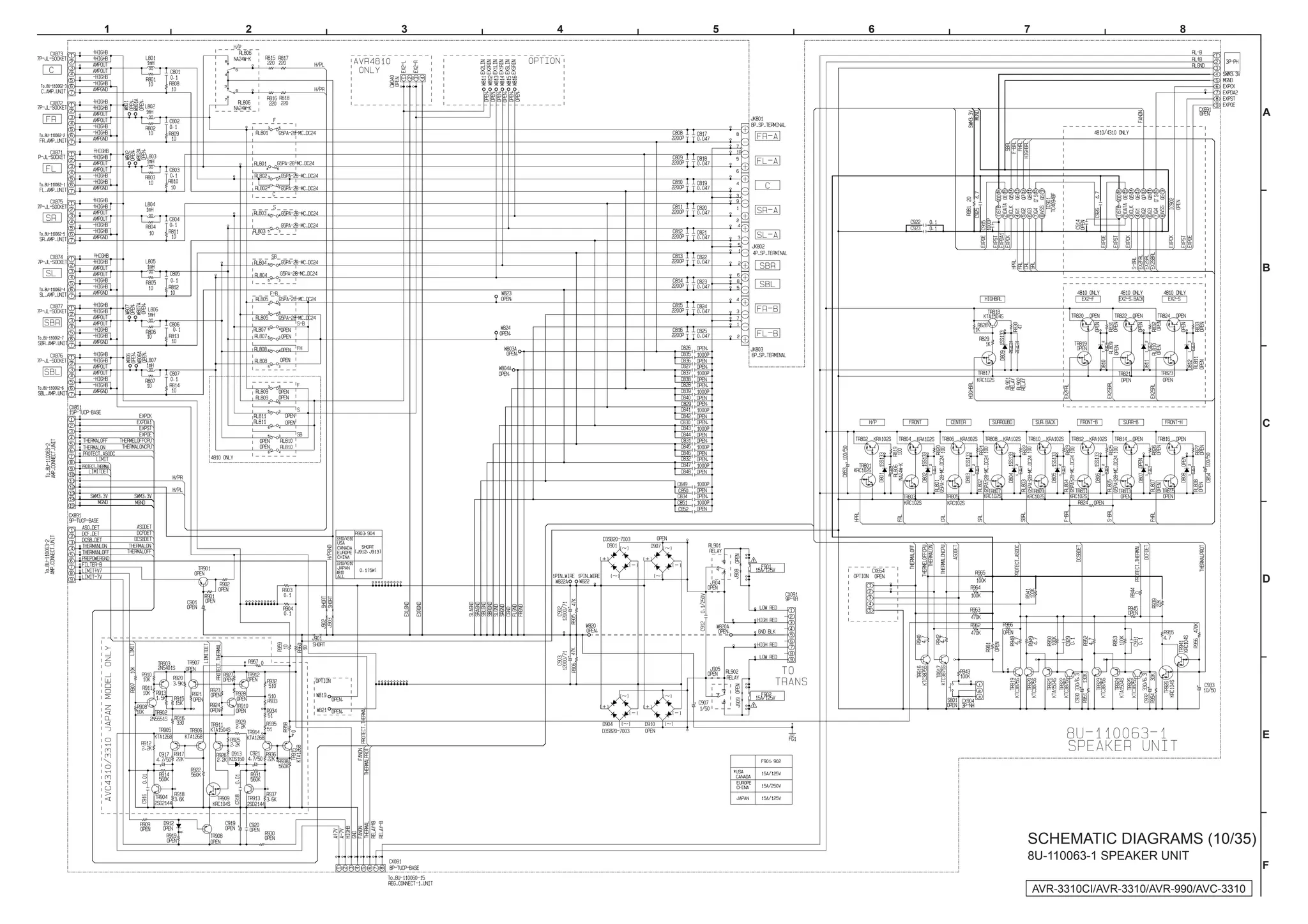 1   2   3   4   5   6   7                           8




                                                                   A




                                                                   B




                                                                   C




                                                                   D




                                                                   E




                        SCHEMATIC DIAGRAMS (10/35)
                        8U-110063-1 SPEAKER UNIT
                                                                   F

                            AVR-3310CI/AVR-3310/AVR-990/AVC-3310
 