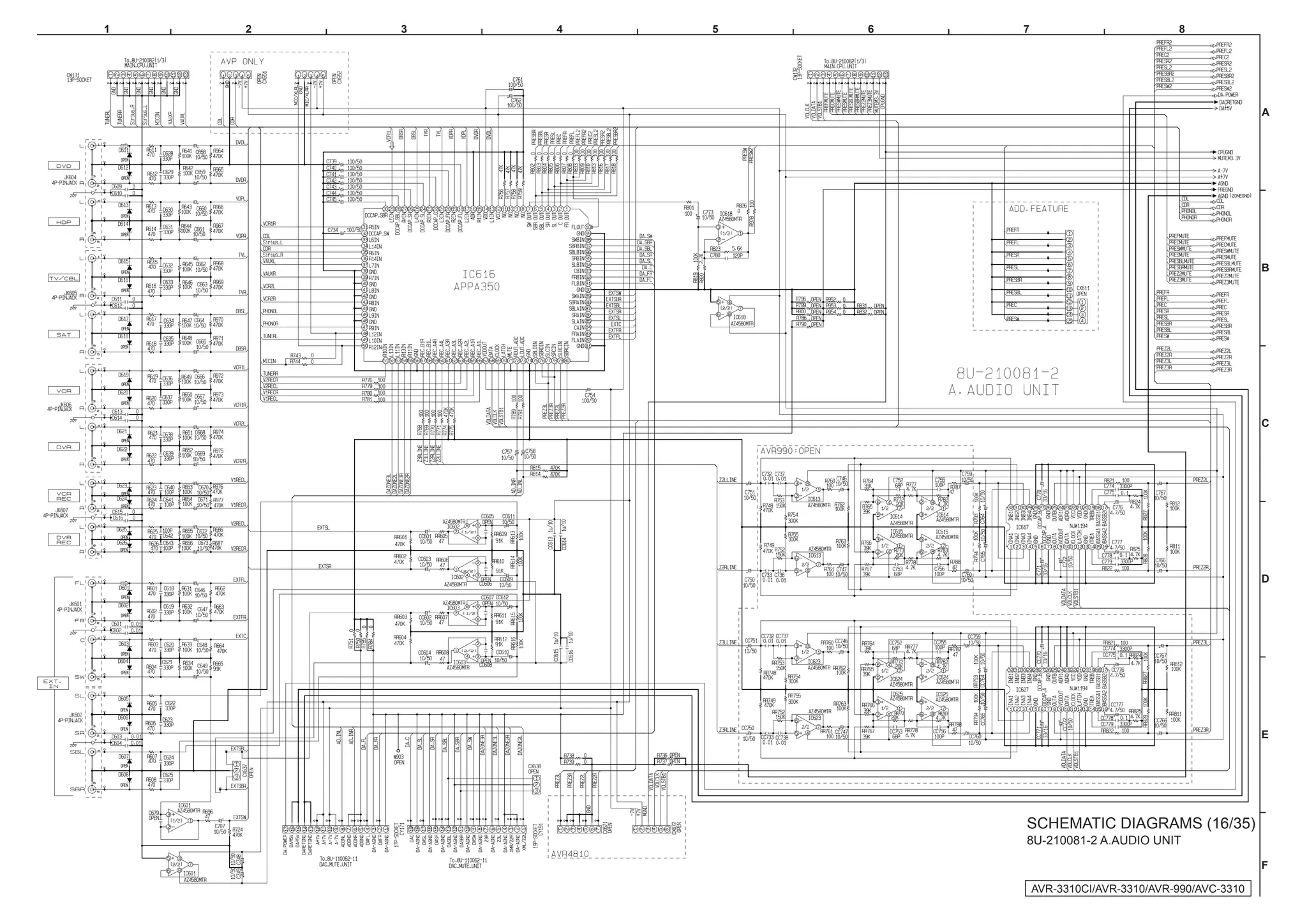 1   2   3   4   5   6   7                           8




                                                                   A




                                                                   B




                                                                   C




                                                                   D




                                                                   E




                        SCHEMATIC DIAGRAMS (16/35)
                        8U-210081-2 A.AUDIO UNIT

                                                                   F

                            AVR-3310CI/AVR-3310/AVR-990/AVC-3310
 