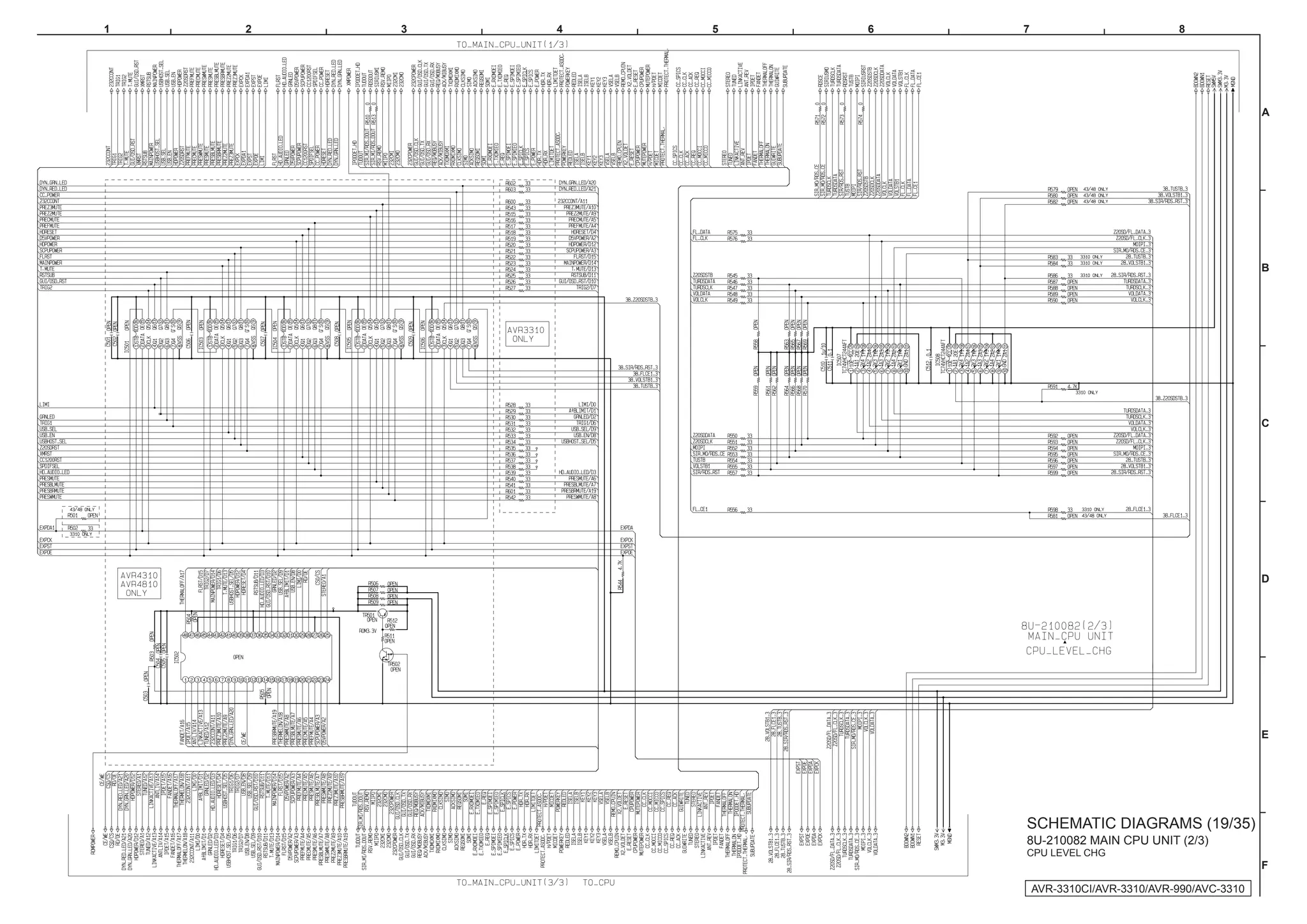 1   2   3   4   5   6   7                           8




                                                                   A




                                                                   B




                                                                   C




                                                                   D




                                                                   E




                        SCHEMATIC DIAGRAMS (19/35)
                        8U-210082 MAIN CPU UNIT (2/3)
                        CPU LEVEL CHG
                                                                   F

                            AVR-3310CI/AVR-3310/AVR-990/AVC-3310
 