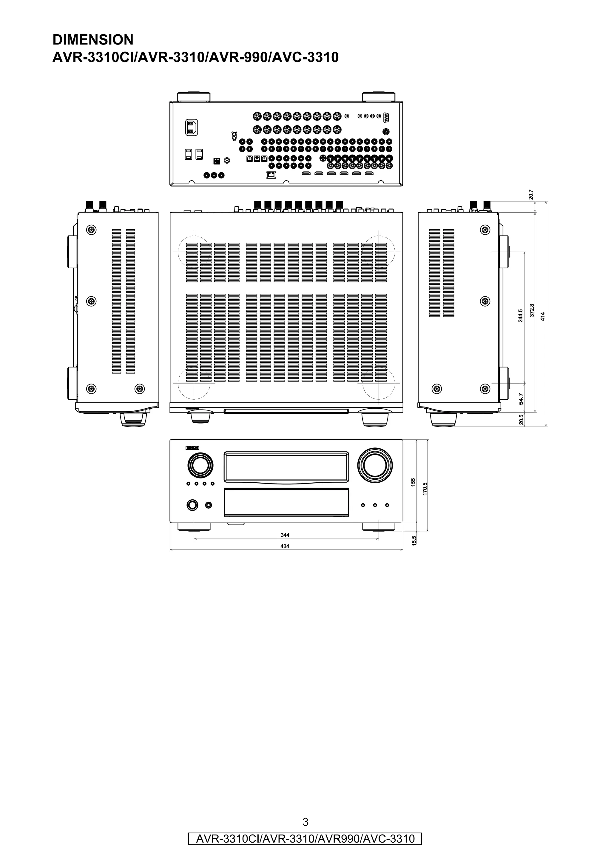 DIMENSION
AVR-3310CI/AVR-3310/AVR-990/AVC-3310




                                                                           20.7
                                                                           372.8
                                                                   244.5



                                                                                   414
                                                                   54.7
                                                                   20.5
                                                    155

                                                           170.5




                               344
                                                    15.5




                               434




                                   3
                  AVR-3310CI/AVR-3310/AVR990/AVC-3310
 